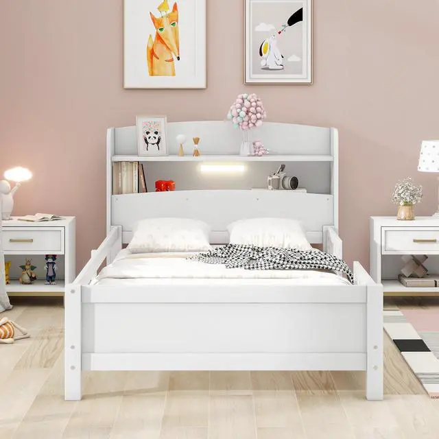 Alt view image 2 of 7 - Wood Twin Size Platform Bed With Built-In Led Light, Storage Headboard And Guardrail, White