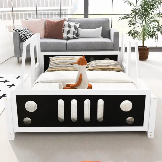 Alt view image 4 of 7 - Full Size Classic Car-Shaped Platform Bed With Wheels,White