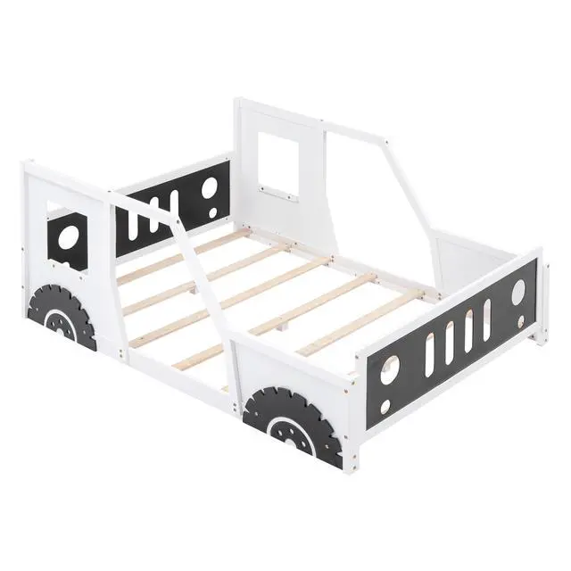 Alt view image 7 of 7 - Full Size Classic Car-Shaped Platform Bed With Wheels,White