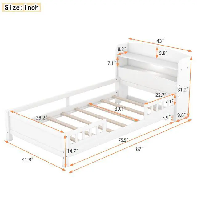 Alt view image 3 of 7 - Wood Twin Size Platform Bed With Built-In Led Light, Storage Headboard And Guardrail, White