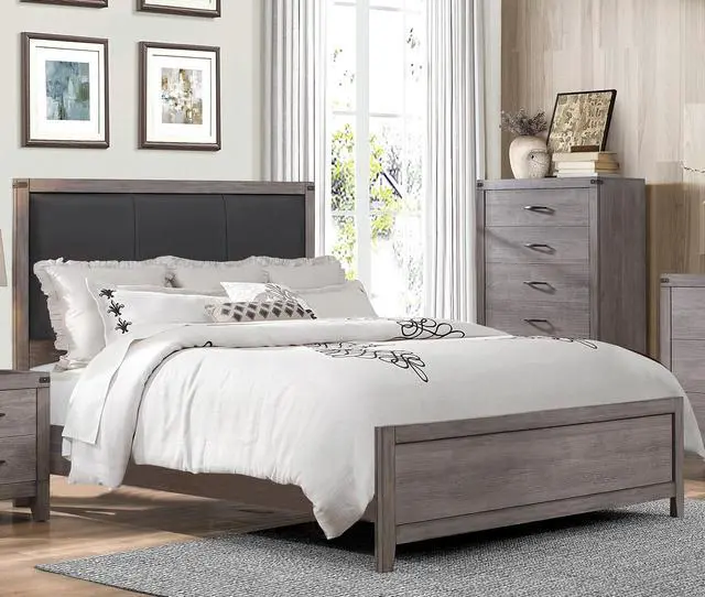 Alt view image 3 of 6 - Brownish Gray Finish Full Size Panel Bed 1pc Faux Leather Upholstered Headboard Industrial Design Bedroom Furniture