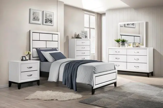 Alt view image 5 of 7 - Modern Contemporary White Finish Twin Size Bed 1Pc Wooden Bedroom Furniture Black Line Design