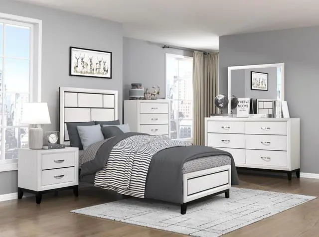 Alt view image 6 of 7 - Modern Contemporary White Finish Twin Size Bed 1Pc Wooden Bedroom Furniture Black Line Design