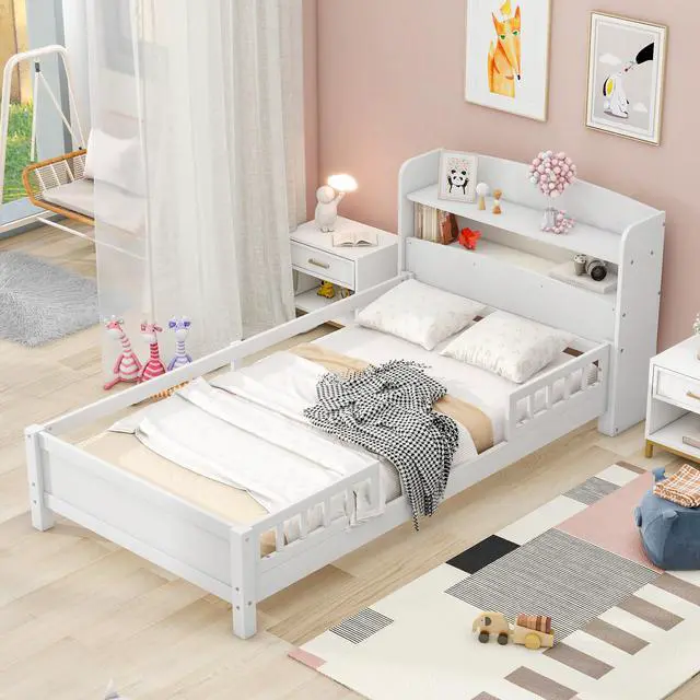 Alt view image 4 of 7 - Wood Twin Size Platform Bed With Built-In Led Light, Storage Headboard And Guardrail, White