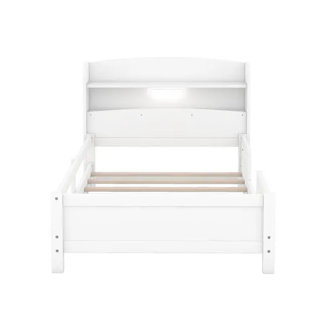 Alt view image 7 of 7 - Wood Twin Size Platform Bed With Built-In Led Light, Storage Headboard And Guardrail, White
