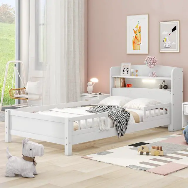 Alt view image 5 of 7 - Wood Twin Size Platform Bed With Built-In Led Light, Storage Headboard And Guardrail, White