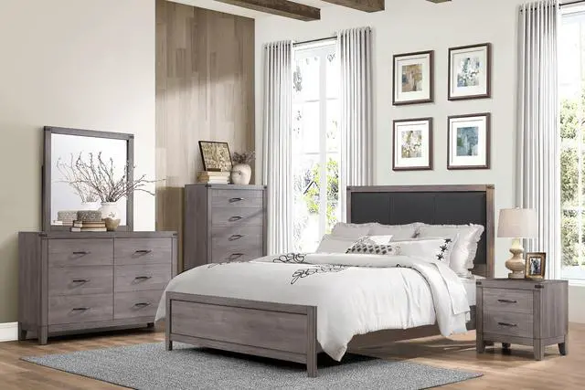 Alt view image 5 of 6 - Brownish Gray Finish Full Size Panel Bed 1pc Faux Leather Upholstered Headboard Industrial Design Bedroom Furniture