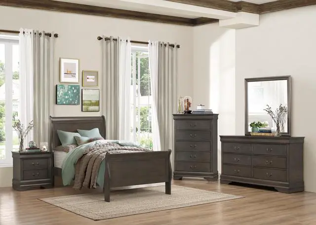 Alt view image 4 of 5 - Classic Louis Philipe Style Twin Size Bed 1Pc Traditional Design Bedroom Furniture Stained Gray Finish Bed