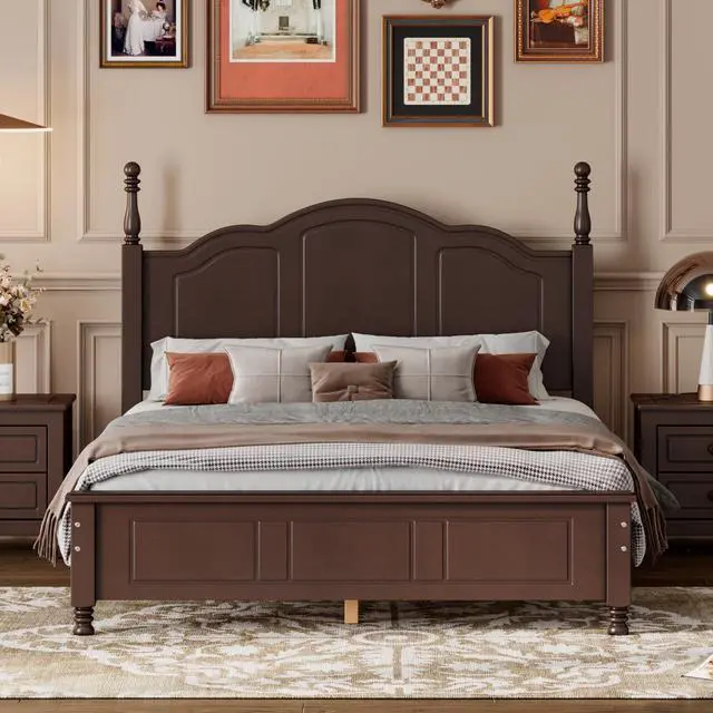 Main image of Full Size Wood Platform Bed Frame,Retro Style Platform Bed With Wooden Slat Support,Dark Walnut