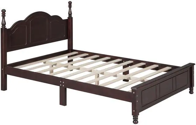 Alt view image 4 of 7 - Full Size Wood Platform Bed Frame,Retro Style Platform Bed With Wooden Slat Support,Dark Walnut