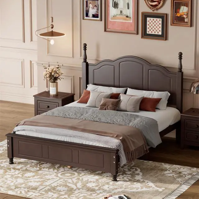 Alt view image 2 of 7 - Full Size Wood Platform Bed Frame,Retro Style Platform Bed With Wooden Slat Support,Dark Walnut