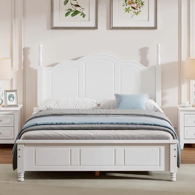 Main image of Full Size Wood Platform Bed Frame,Retro Style Platform Bed With Wooden Slat Support,White