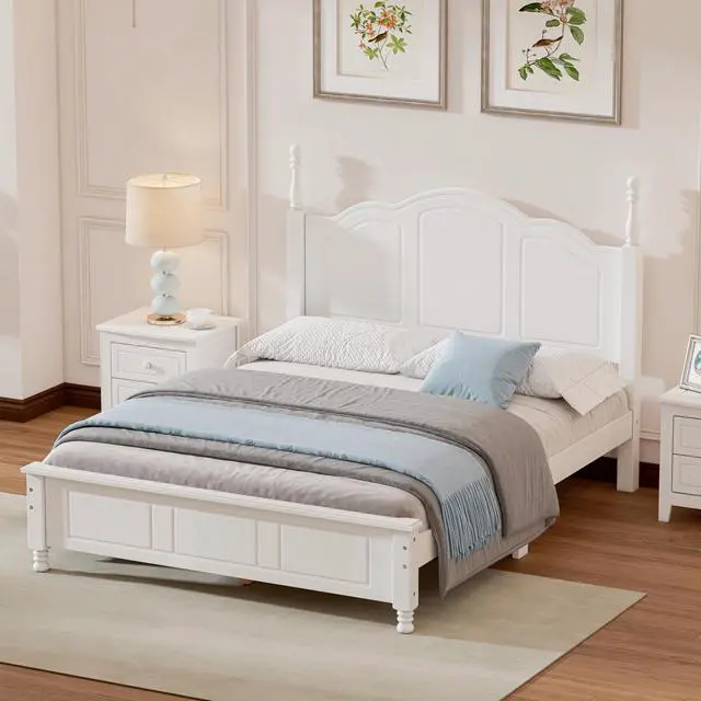 Alt view image 2 of 7 - Full Size Wood Platform Bed Frame,Retro Style Platform Bed With Wooden Slat Support,White