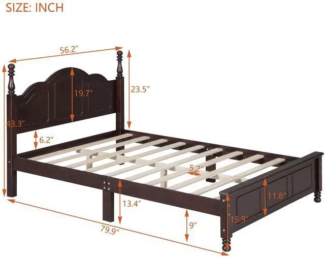 Alt view image 6 of 7 - Full Size Wood Platform Bed Frame,Retro Style Platform Bed With Wooden Slat Support,Dark Walnut