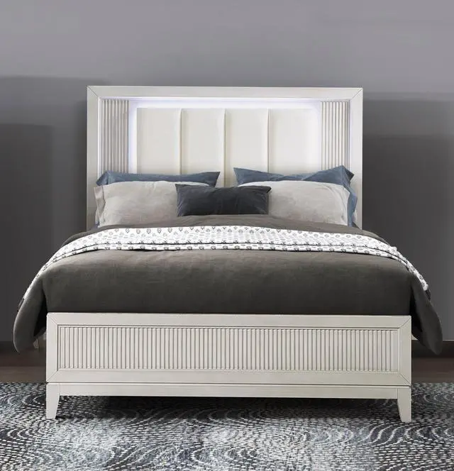 Main image of Antique White Finish Queen Bed With Led Headboard Upholstered Cushion Modern Bedroom Furniture 1Pc, Reeded Fronts