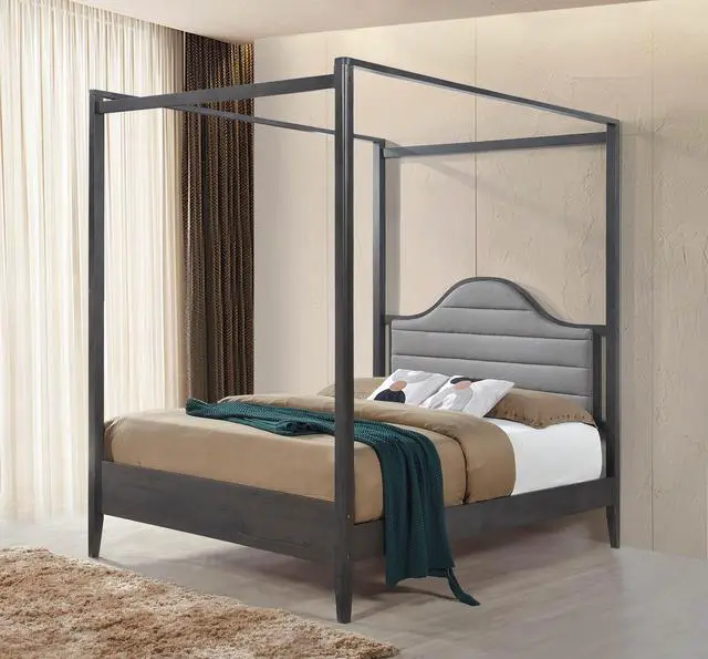 Alt view image 5 of 5 - Upholstery Headboard Canopy Queen Bed 1Pc Wooden Bedroom Furniture