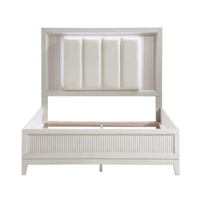 Alt view image 3 of 7 - Antique White Finish Queen Bed With Led Headboard Upholstered Cushion Modern Bedroom Furniture 1Pc, Reeded Fronts