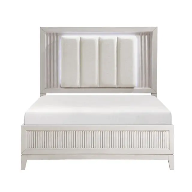 Alt view image 2 of 7 - Antique White Finish Queen Bed With Led Headboard Upholstered Cushion Modern Bedroom Furniture 1Pc, Reeded Fronts