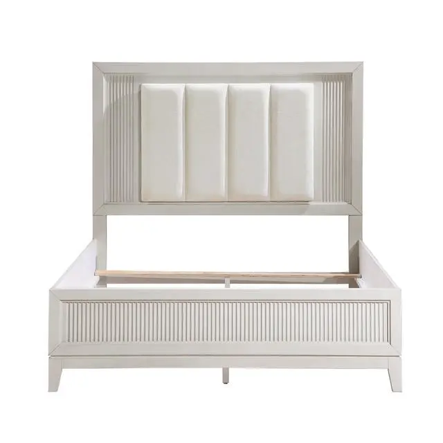Alt view image 7 of 7 - Antique White Finish Queen Bed With Led Headboard Upholstered Cushion Modern Bedroom Furniture 1Pc, Reeded Fronts