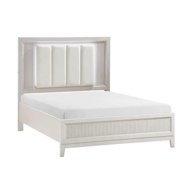 Alt view image 5 of 7 - Antique White Finish Queen Bed With Led Headboard Upholstered Cushion Modern Bedroom Furniture 1Pc, Reeded Fronts