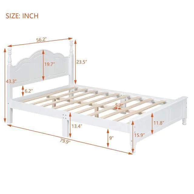 Alt view image 6 of 7 - Full Size Wood Platform Bed Frame,Retro Style Platform Bed With Wooden Slat Support,White