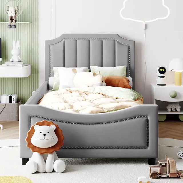 Alt view image 2 of 7 - Twin Size Upholstered Daybed With Classic Stripe Shaped Headboard, Gray