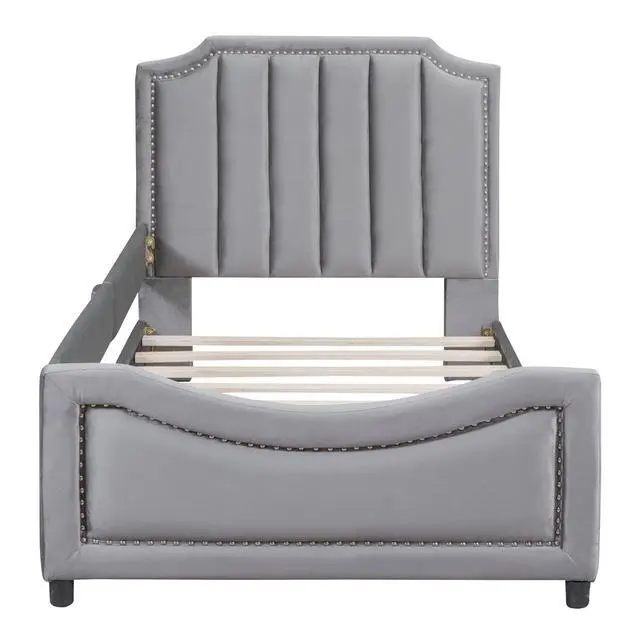 Alt view image 3 of 7 - Twin Size Upholstered Daybed With Classic Stripe Shaped Headboard, Gray