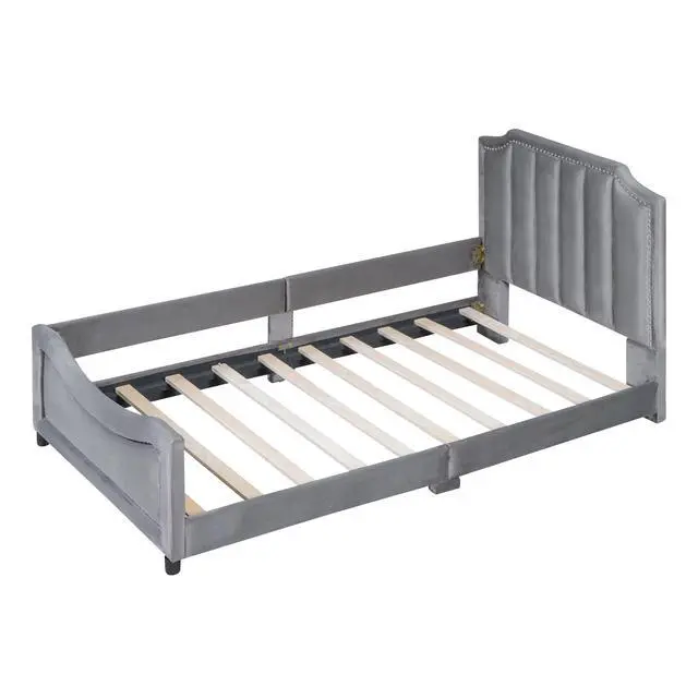 Alt view image 4 of 7 - Twin Size Upholstered Daybed With Classic Stripe Shaped Headboard, Gray