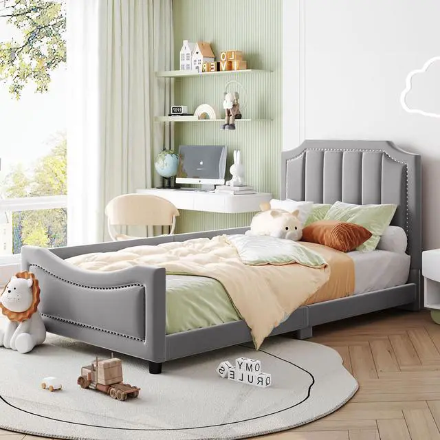 Main image of Twin Size Upholstered Daybed With Classic Stripe Shaped Headboard, Gray