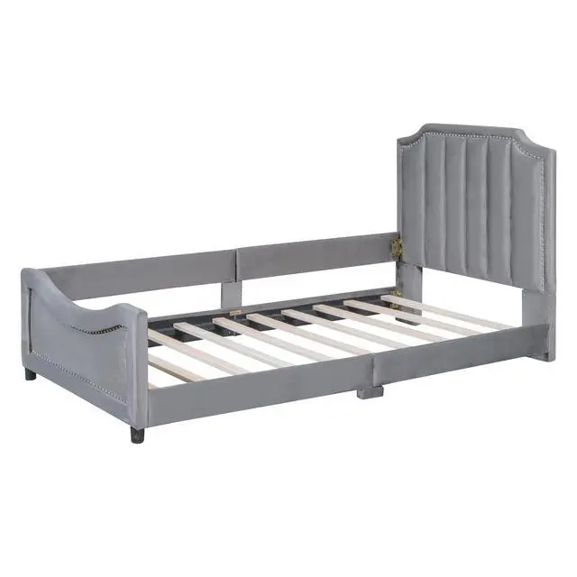 Alt view image 5 of 7 - Twin Size Upholstered Daybed With Classic Stripe Shaped Headboard, Gray