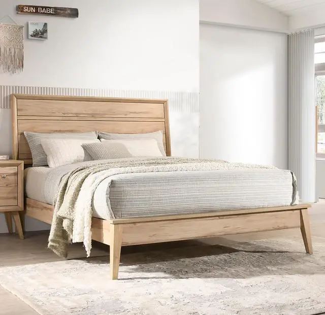 Main image of Classic Style Queen Bed Natural Oak Finish Wooden Bedroom Furniture 1Pc, Mid-Century Modern Design