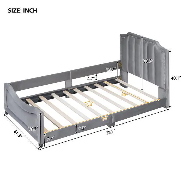 Alt view image 7 of 7 - Twin Size Upholstered Daybed With Classic Stripe Shaped Headboard, Gray