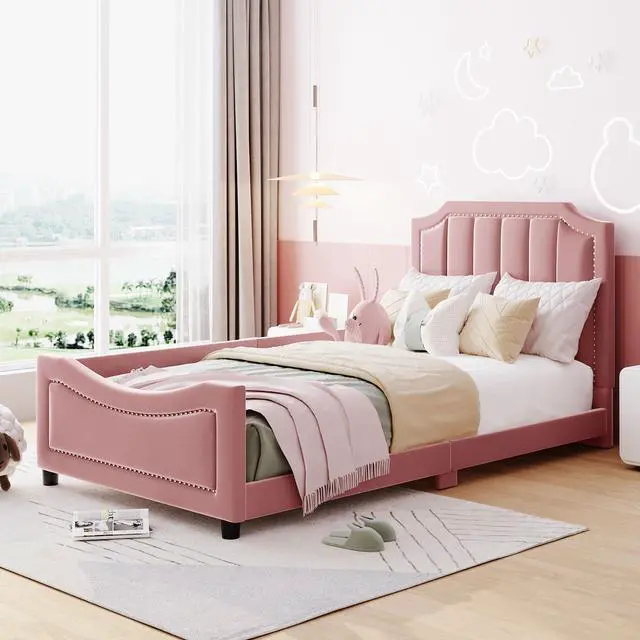 Main image of Twin Size Upholstered Daybed With Classic Stripe Shaped Headboard, Pink