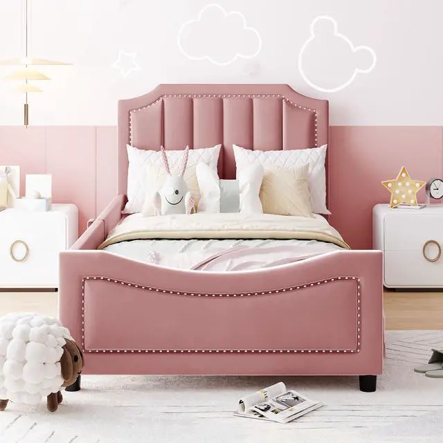 Alt view image 2 of 7 - Twin Size Upholstered Daybed With Classic Stripe Shaped Headboard, Pink