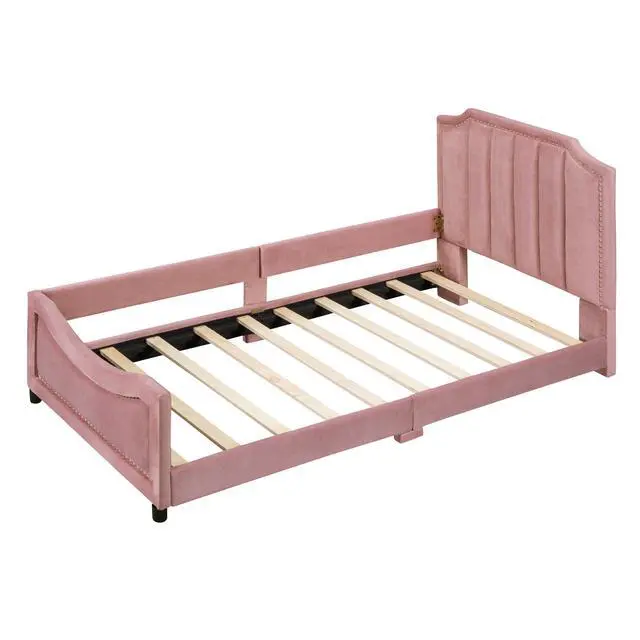 Alt view image 4 of 7 - Twin Size Upholstered Daybed With Classic Stripe Shaped Headboard, Pink