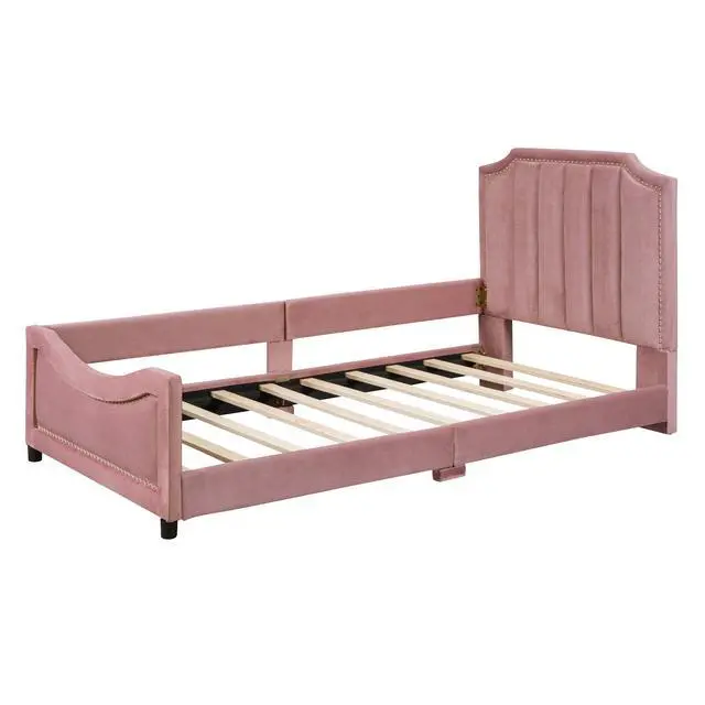 Alt view image 5 of 7 - Twin Size Upholstered Daybed With Classic Stripe Shaped Headboard, Pink