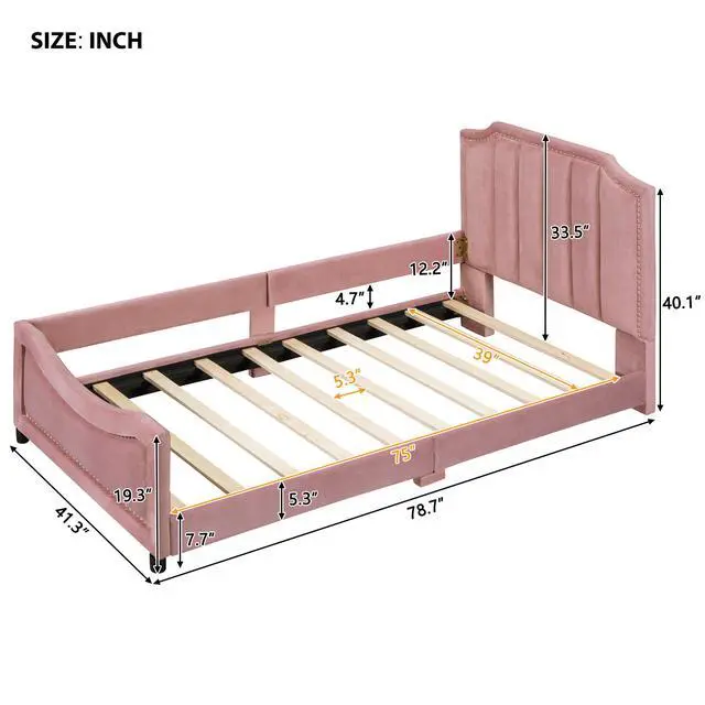Alt view image 7 of 7 - Twin Size Upholstered Daybed With Classic Stripe Shaped Headboard, Pink