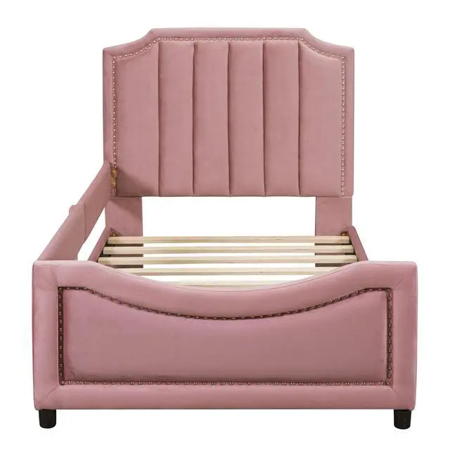 Alt view image 3 of 7 - Twin Size Upholstered Daybed With Classic Stripe Shaped Headboard, Pink