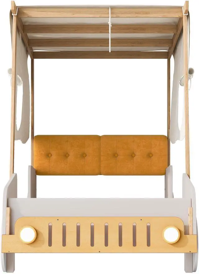 Main image of Wood Twin Size Car Bed With Pillow, Ceiling Cloth, Natural