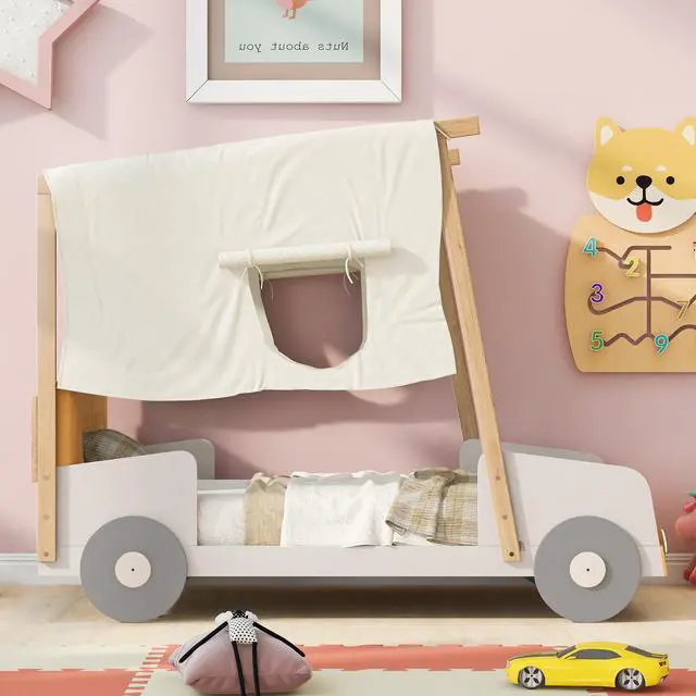 Alt view image 2 of 7 - Wood Twin Size Car Bed With Pillow, Ceiling Cloth, Natural