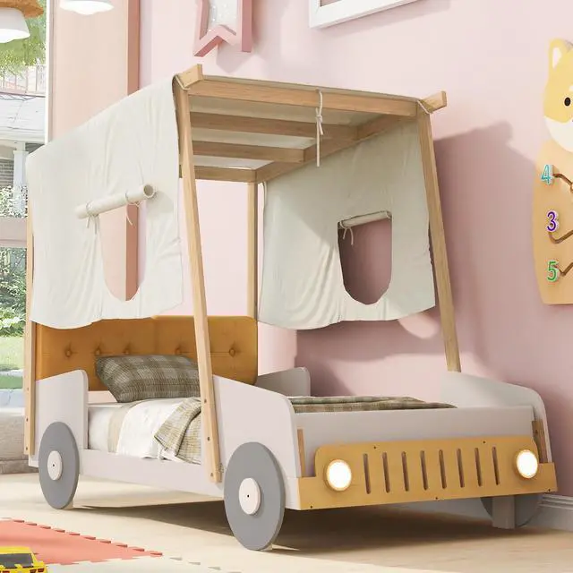Alt view image 4 of 7 - Wood Twin Size Car Bed With Pillow, Ceiling Cloth, Natural