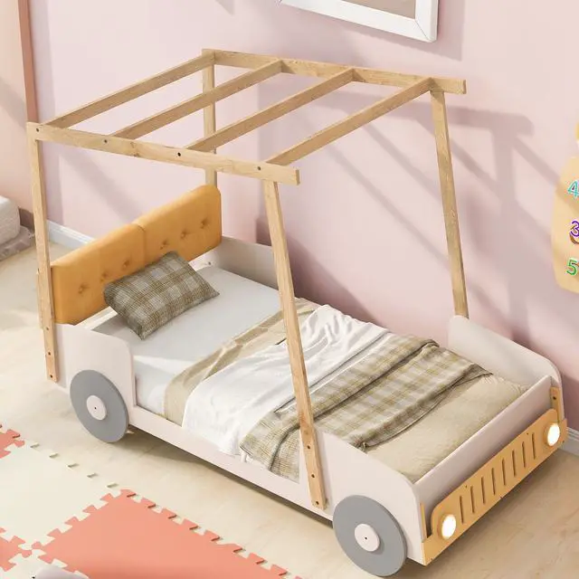 Alt view image 5 of 7 - Wood Twin Size Car Bed With Pillow, Ceiling Cloth, Natural