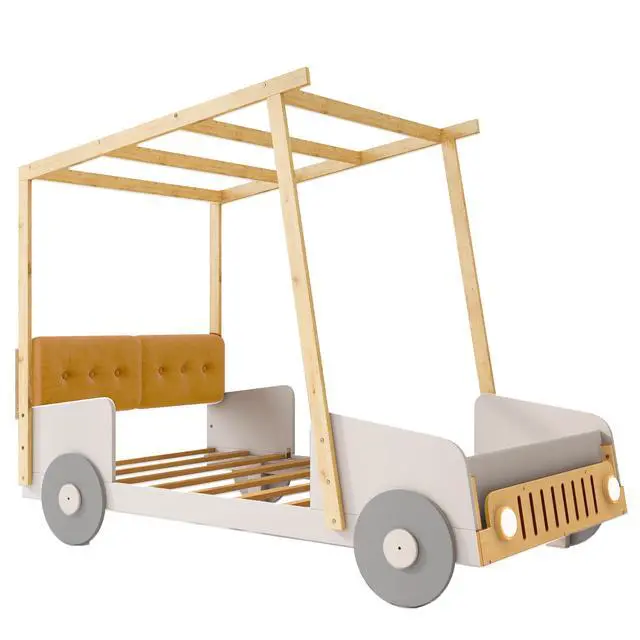 Alt view image 7 of 7 - Wood Twin Size Car Bed With Pillow, Ceiling Cloth, Natural
