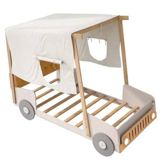 Alt view image 6 of 7 - Wood Twin Size Car Bed With Pillow, Ceiling Cloth, Natural