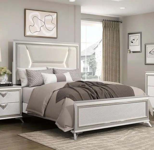 Main image of 1pc Modern Luxury Queen Bed Upholstered Headboard with LED Lighting Wooden Bedroom Furniture Antique White Finish and Gold