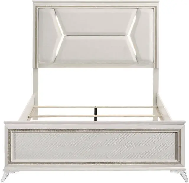 Alt view image 7 of 7 - 1pc Modern Luxury Queen Bed Upholstered Headboard with LED Lighting Wooden Bedroom Furniture Antique White Finish and Gold