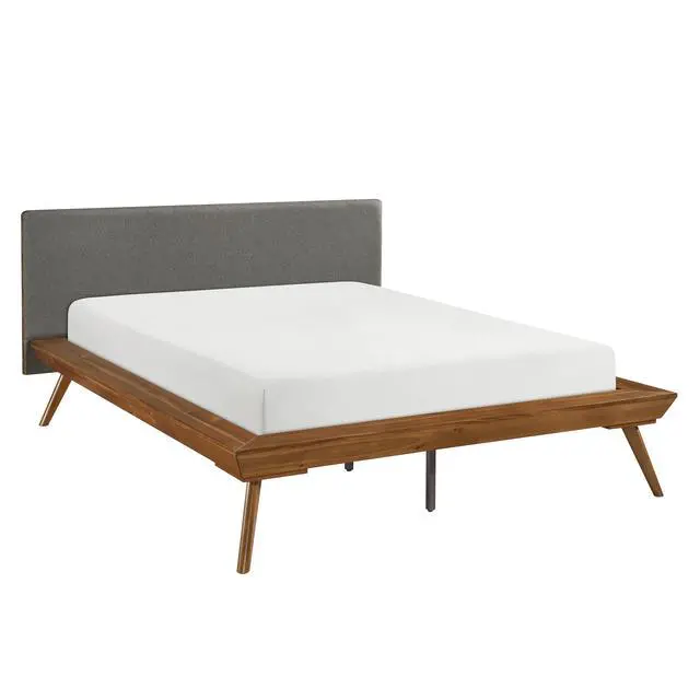 Alt view image 2 of 7 - 1Pc Queen Platform Bed Upholstered Headboard Dark Gray Chestnut Finish Wooden Furniture