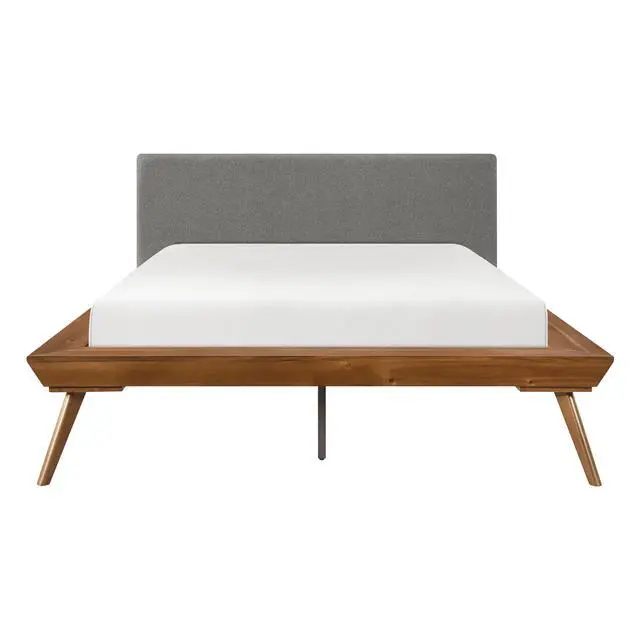 Alt view image 6 of 7 - 1Pc Queen Platform Bed Upholstered Headboard Dark Gray Chestnut Finish Wooden Furniture