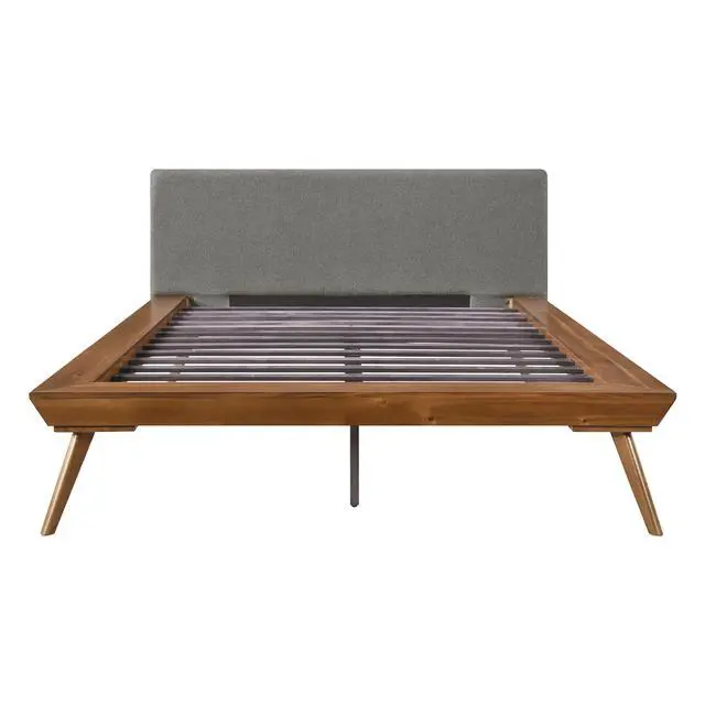 Alt view image 5 of 7 - 1Pc Queen Platform Bed Upholstered Headboard Dark Gray Chestnut Finish Wooden Furniture