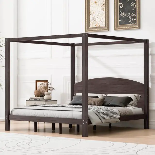 Alt view image 2 of 7 - King Size Canopy Platform Bed With Headboard And Support Legs, Brown Wash